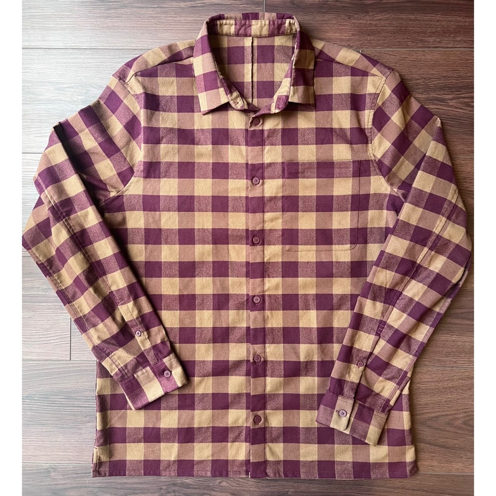 Lululemon Mason Peak Long Sleeve Flannel Shirt Burgundy Tan Plaid Mens L